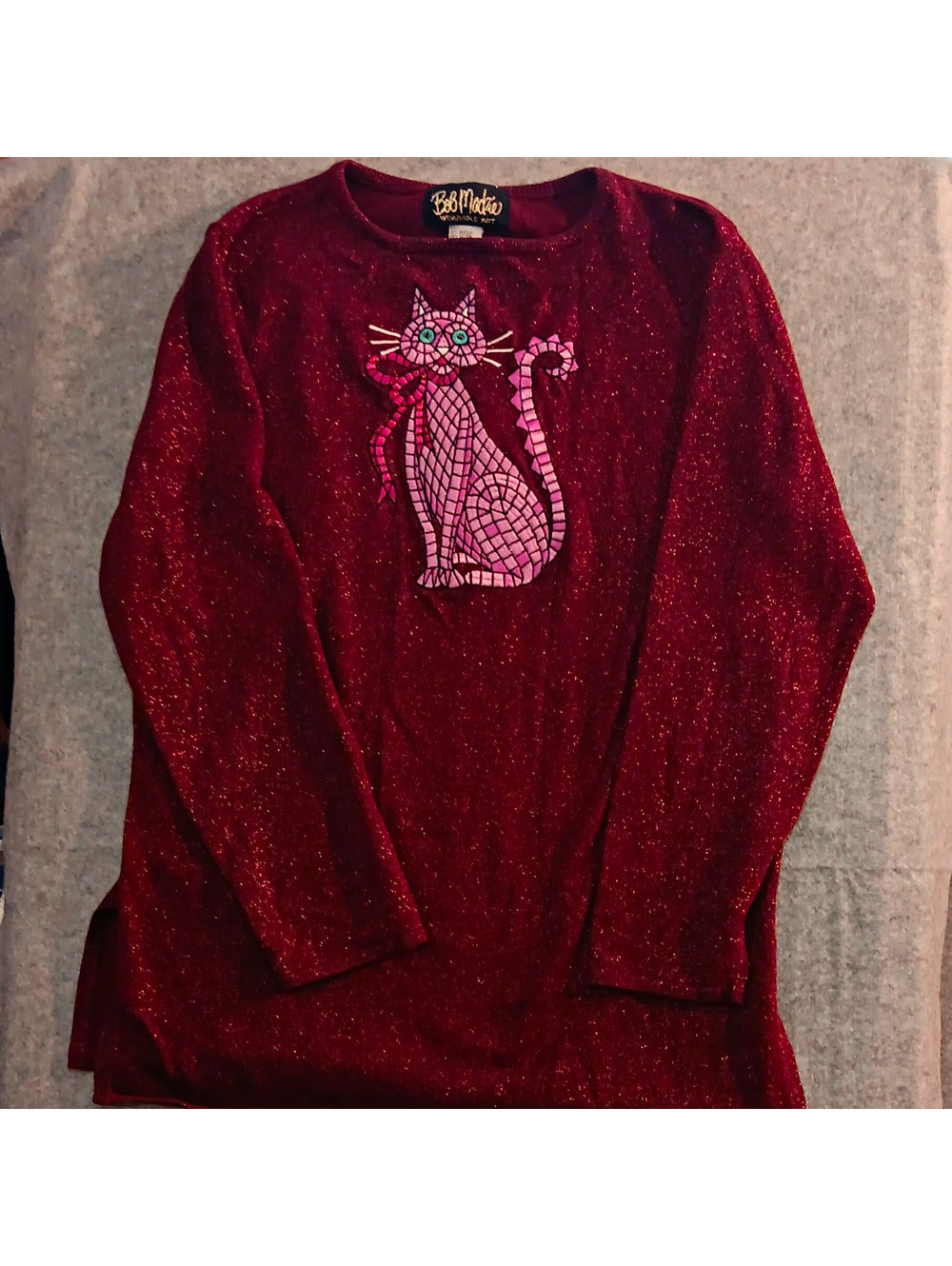 Bob Mackie Wearable Art Burgundy Knit Metallic Embroidered Cat Sweater M